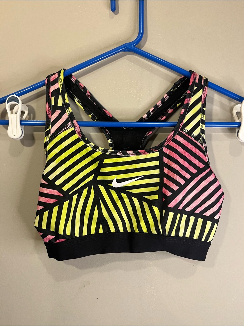 Nike Black Dri-FIT Sports Bra and Leggings with Yellow & Pink Stripe Accents
